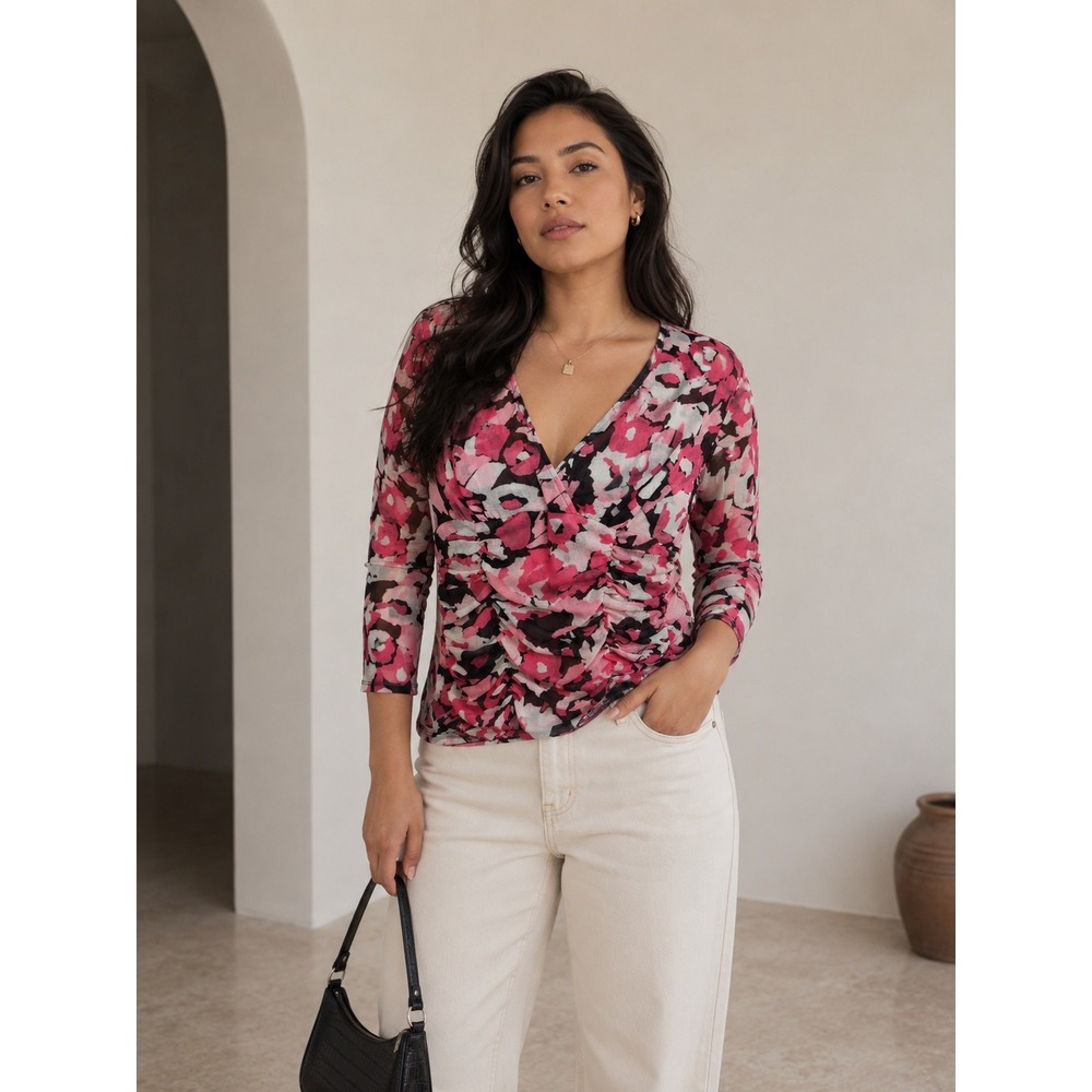 INC‎ International Concepts Pink Floral Mesh Ruched Surplice Top XL Y2K